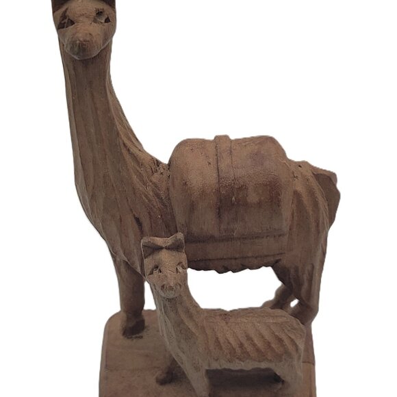 Llama, Llama Animal Hand Carved Wood Figurine Mom & Baby Brown Color Folk Art - Picture 2 of 9